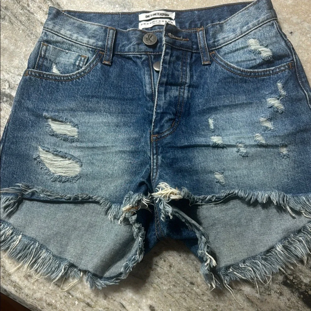 One Teaspoon High Waist Bonita Denim Shorts‎ Blue Distressed Button Fly Size 26